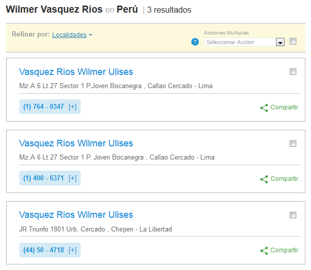 Teléfonos de Wilmer Ulises Vasquez Rios según Páginas Blancas