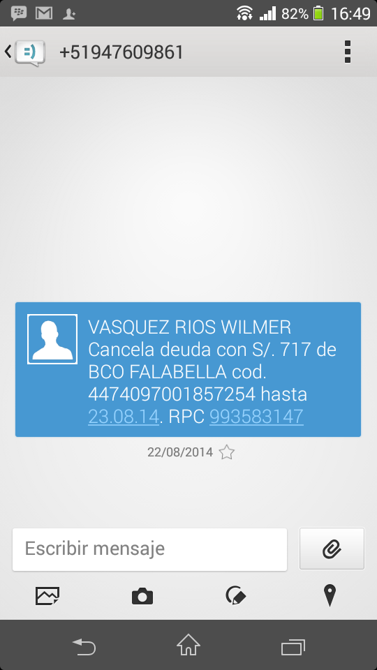 Mensaje a Wilmer Ulises Vasquez Rios por deuda impaga al Banco Falabella.