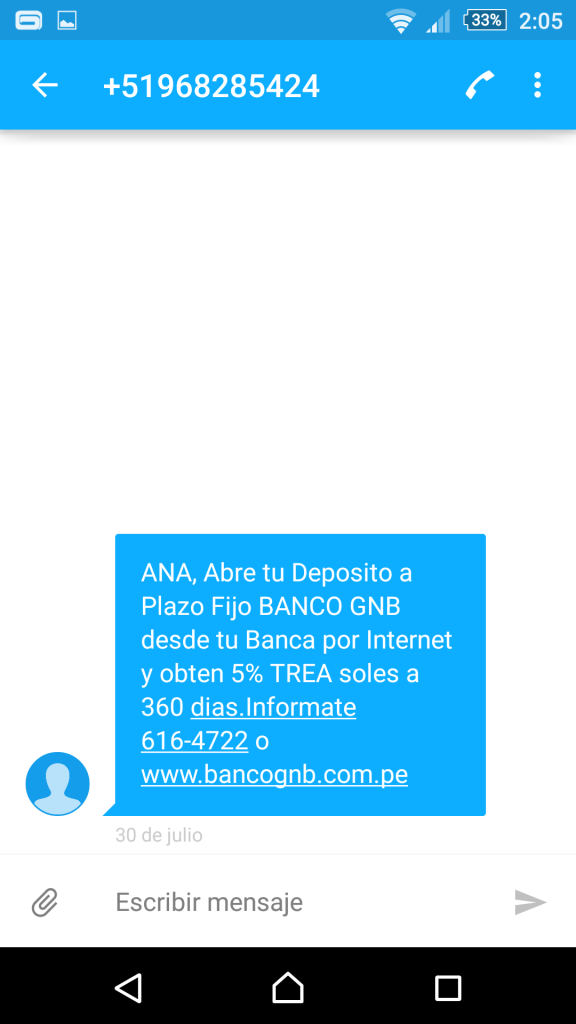 Mensaje SMS del banco CNB dirigido a Ana Monica Vasquez Prado